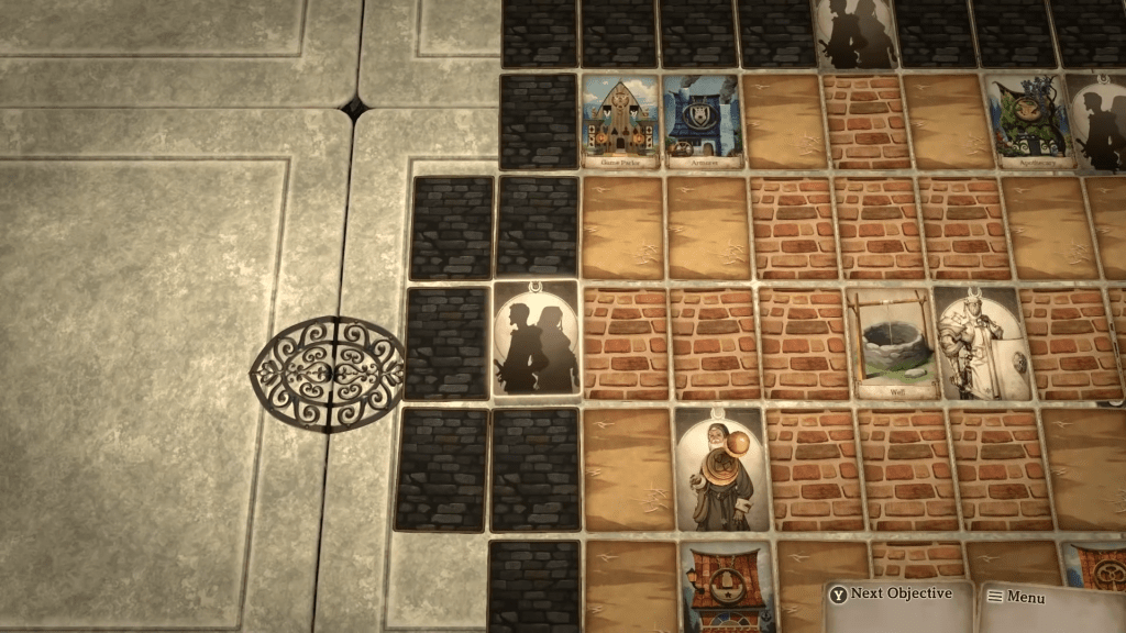 Image description: Several cards are laid out on a marble table, each featuring artwork of people, buildings or environments, to represent a map of a village. A player token stands atop a character card towards the bottom of the screen.
