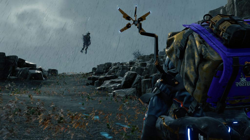 Image description: Sam approaches a BT on a rocky hillside, surrounded by grey clouds and Timefall.