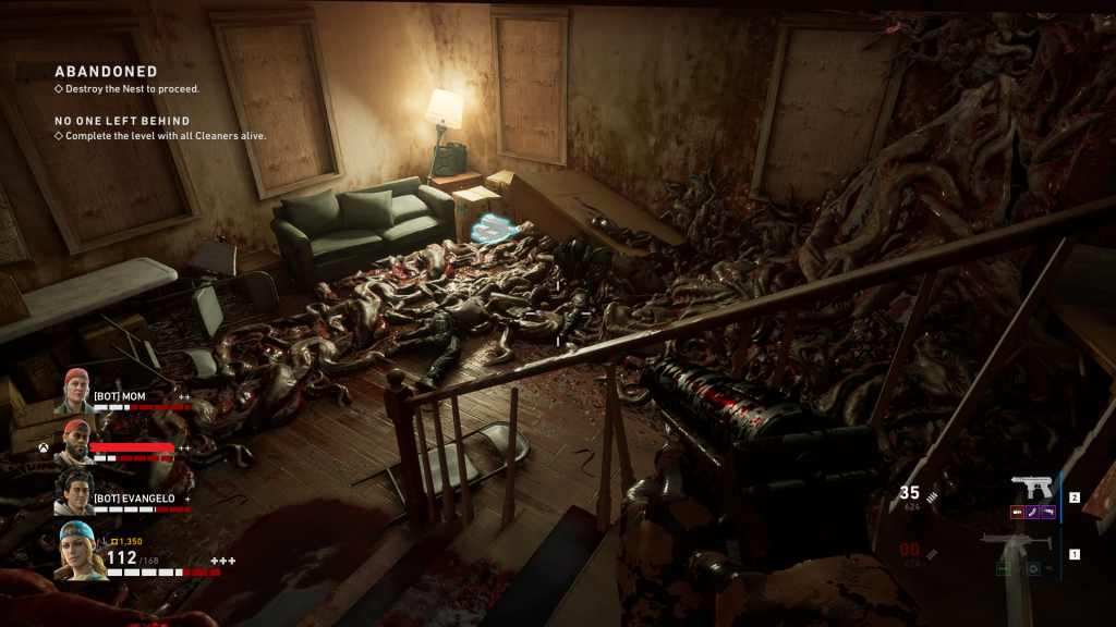 Image description: A huge number of bodies and tentacles are strewn about the edges of a wrecked living room, huddled together as one gigantic infected mass.